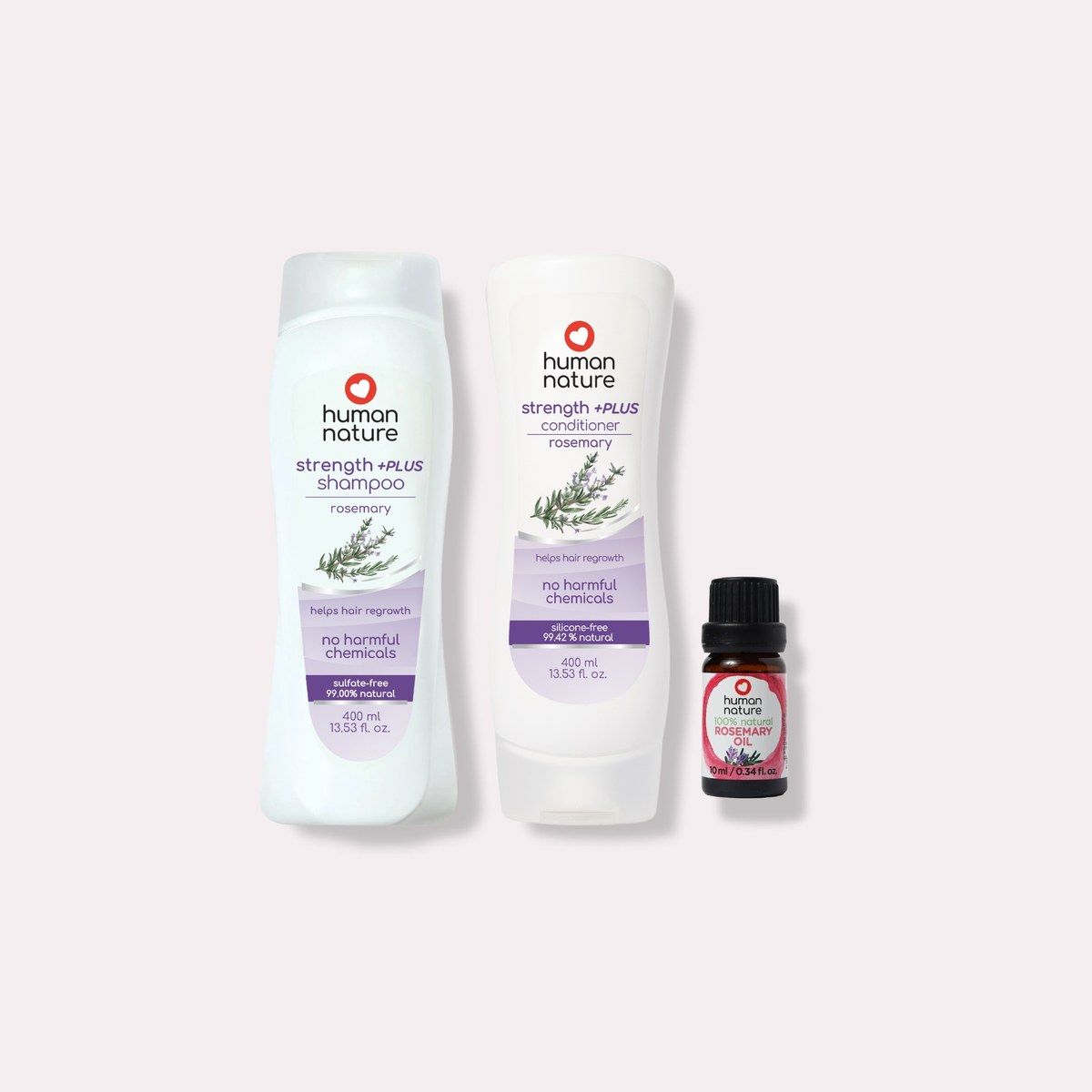 Human Nature 400 ml Strength +PLUS Shampoo + Conditioner + 10 ml Rosemary Oil