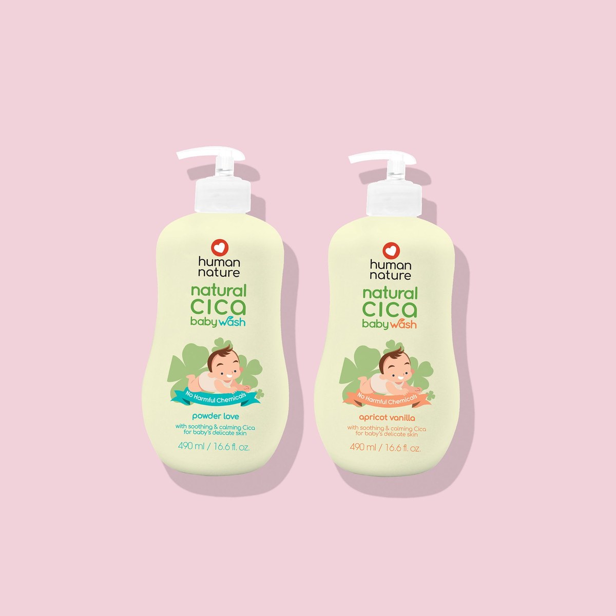 Human Nature 490 ml Natural Cica Baby Wash Powder Love Scent + 490 ml Natural Cica Baby Wash Apricot Vanilla Scent